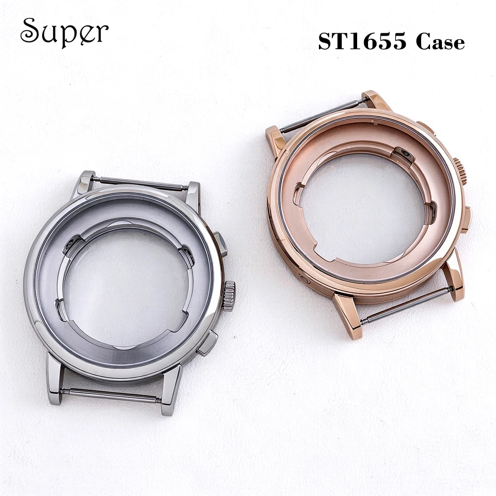 41.5mm Men Watch Case Fit ST1655 Movement Chronograph Perpetual Calendar Movement Sapphire Crystal Case Watch Replacement Parts