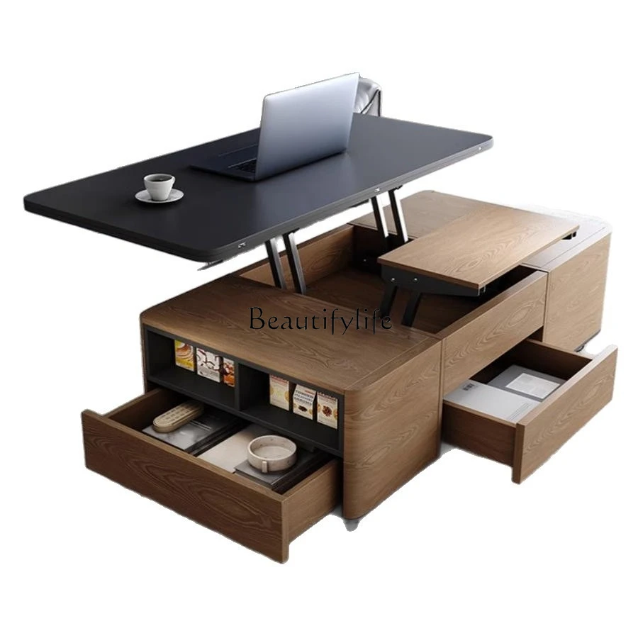 

Nordic multi-functional lifting coffee table becomes dining table dual-purpose integrated folding retractable dining table