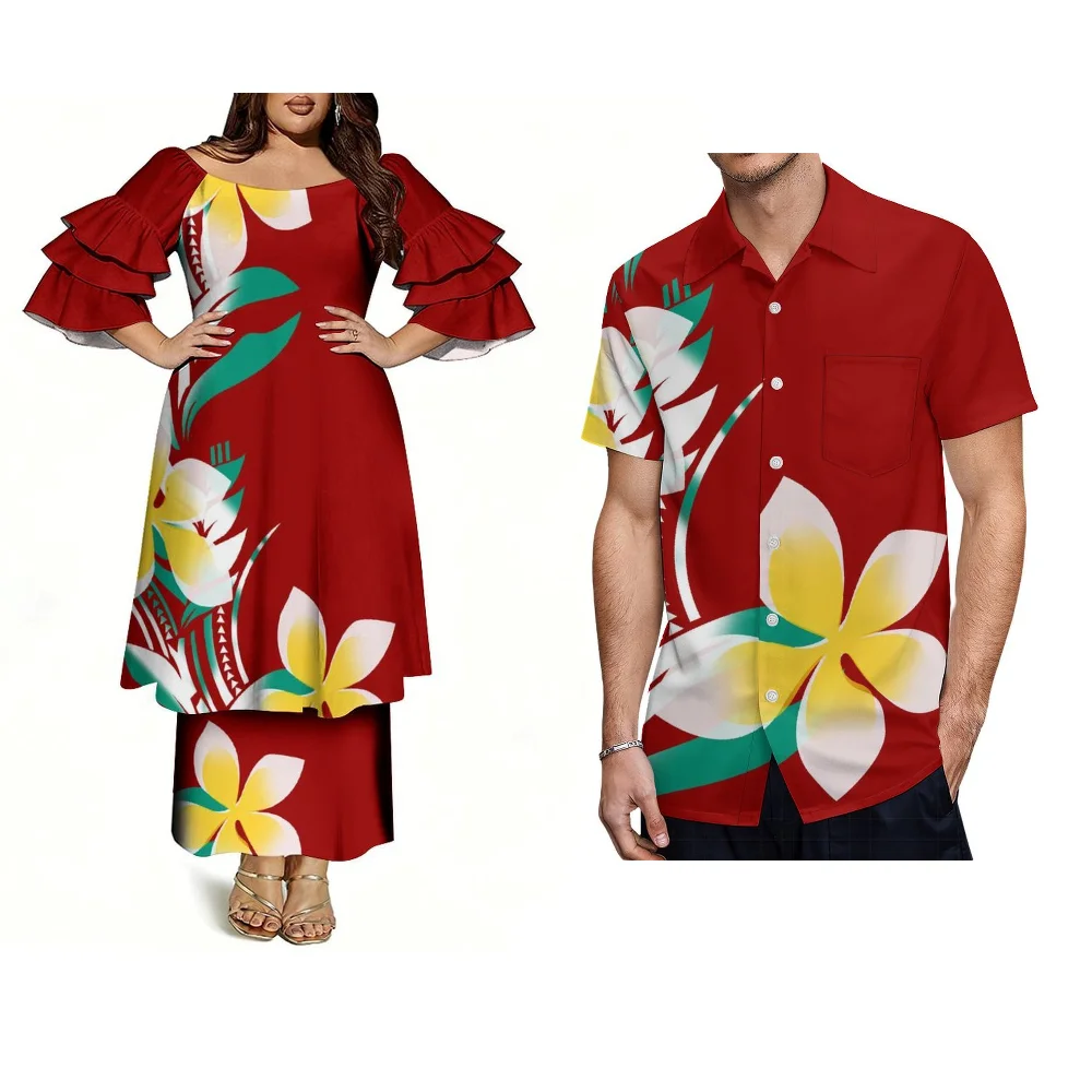 Polynesian Island Custom Made Couple Set Women'S Round Neck Top Fitted Long Skirt For Women And Men'S Pocket Shirt