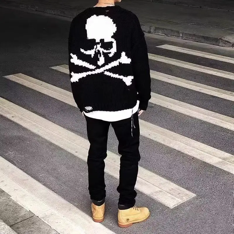 Ripped Hole Skull Print Men Long Sleeve Sweaters Fall Winter Keep Warm Highstreet Hip Hop Loose Clothing Unisex Halloween Daily