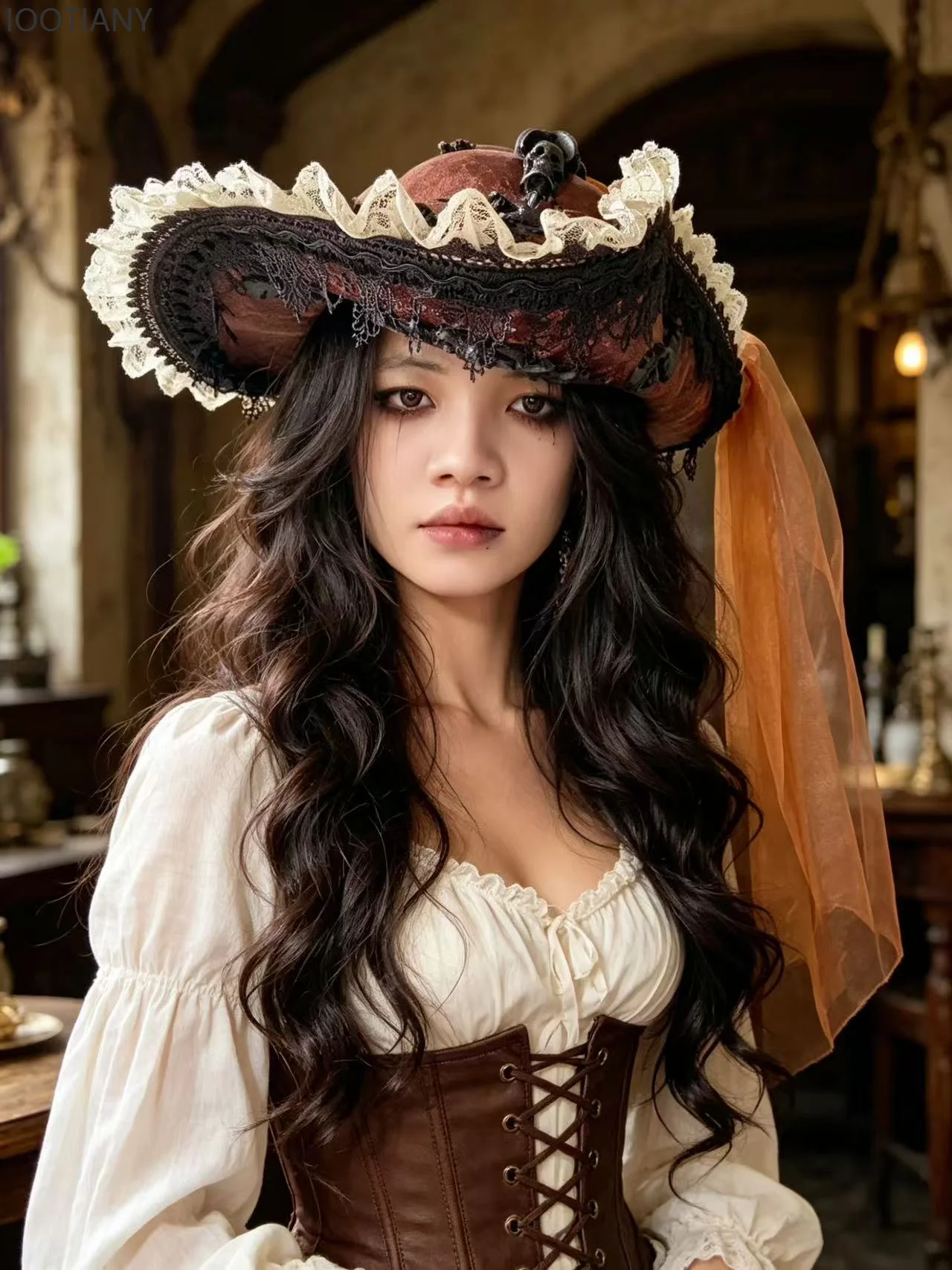 Vintage Brown Pirate Tricorn Hat Gothic Steampunk Skull Skeleton Decor Hats Retro Lace Trim Stage Party Cosplay Costume Headwear view 4