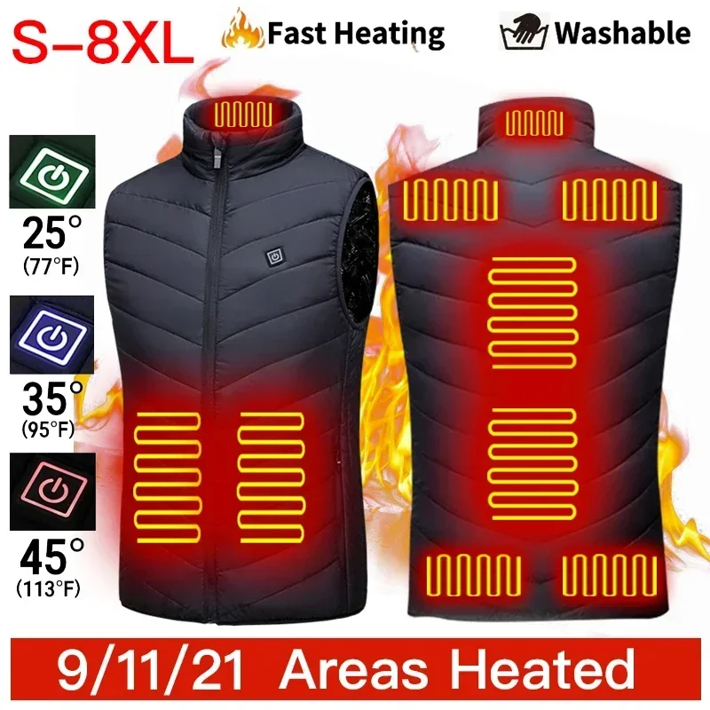 

21 Areas Heated Vest Men Women USB Electric Heating Jacket Winter Body Warmer 6XL Oversized Hunting Hiking Cotton Coat