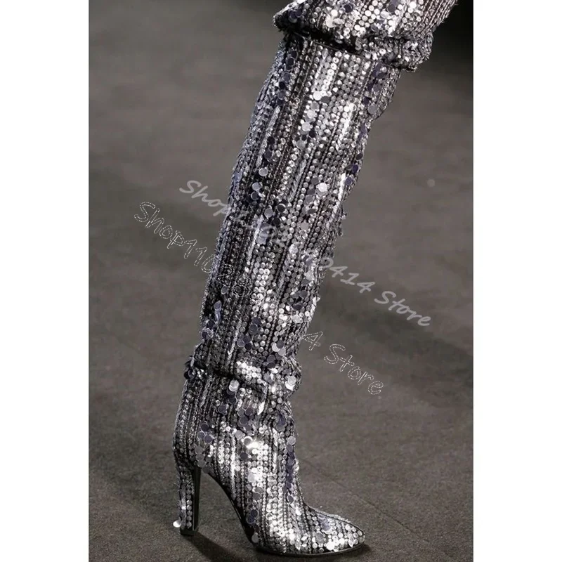 

Silver Rhinestone Sequins Pointed Toe Runway Boots Slip On Women Shoes Chunky High Heels Party Banquet 2024 Zapatos Para Mujere