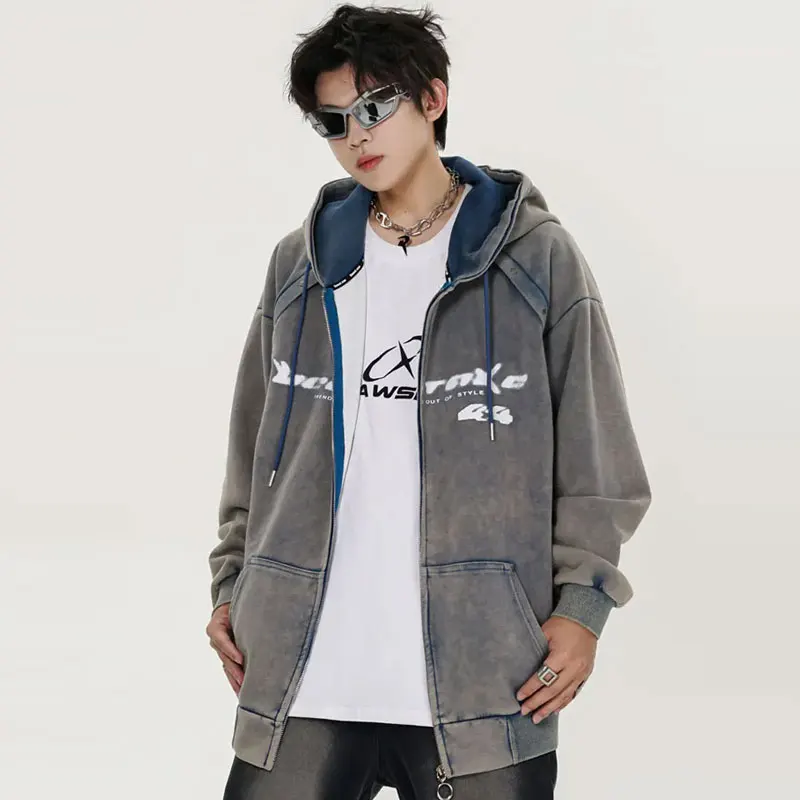 Vintage Oversized Hoodie Coat Streetwear Hip Hop Full Zip Up Washed Hooded Sweatshirt Y2K Men Harajuku Punk Gothic Loose Jackets