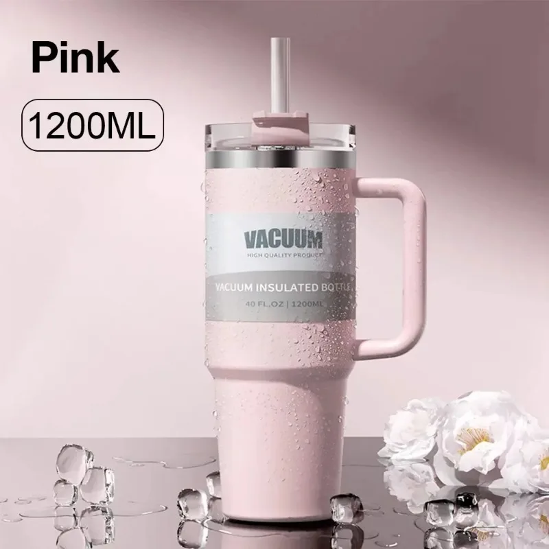 304 Stainless Steel Insulated Water Bottle Thermal Coffee Car Cup Cold Hot Mugs Vacuum Flask With Handle Straw For Sport 40oz