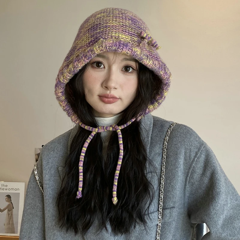 Winter Fisherman Hat Women Windproof Hooded Hat Skullies Colorful Knitted Drawstring Balaclava Outdoor Warm Hat Beanie Cap