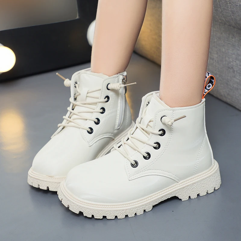 Leather Children Boots Girls Plush Shoes Winter Warm Cotton Sneaker Casual Sports White Pink Lace Up Snow Short Boots for Girl