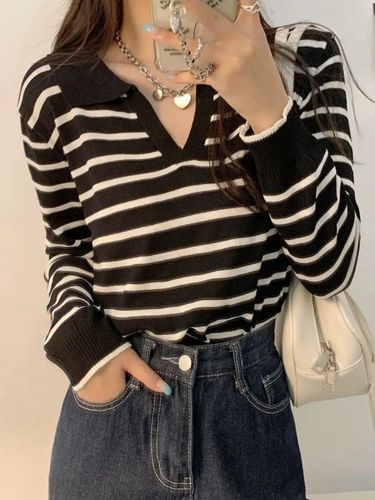 Autumn New Korean Fashion Polo Collar Knit Shirt Fashion Striped Bottoming Shirt Long-sleeved Sweater Streetwear Jumper Knitwear