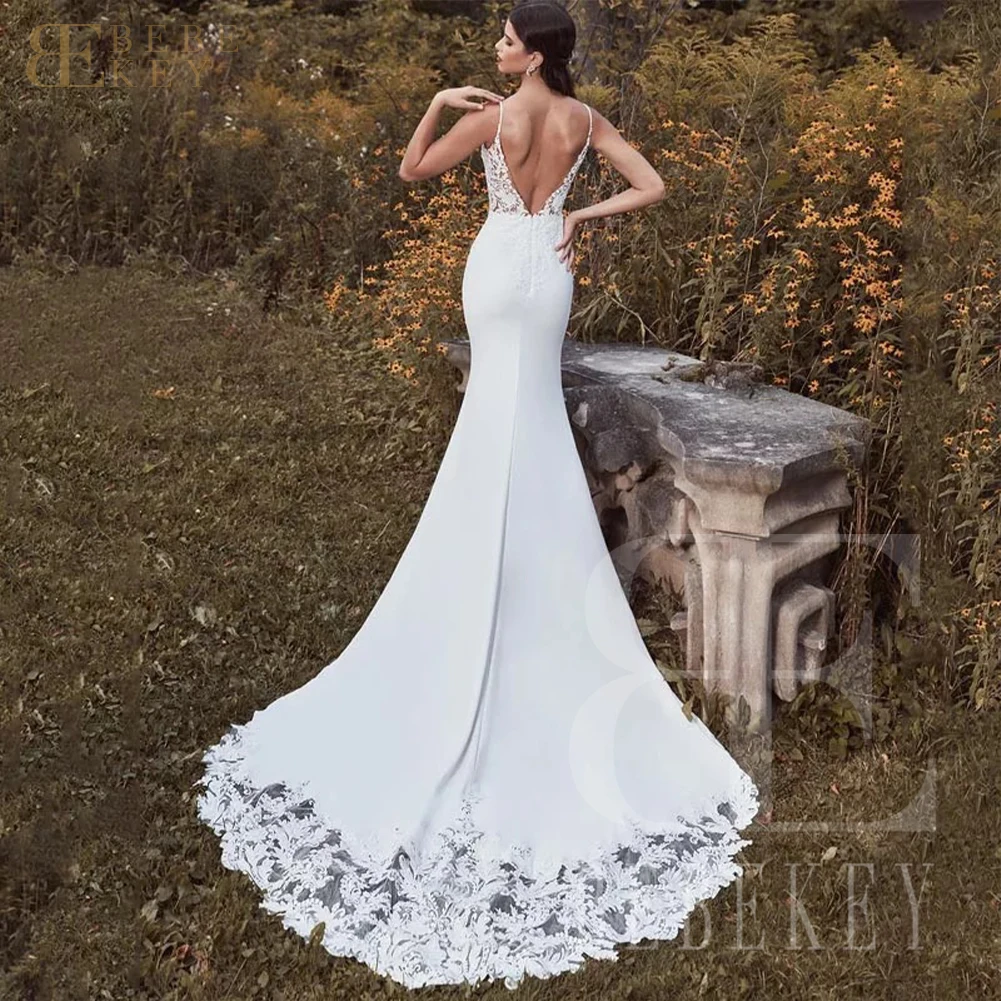 BEBEKEY Customized Sexy Lace Wedding Dress Spaghetti Straps Mermaid Wedding Party Gown Backless Bridal Dresses Formal Gowns Robe