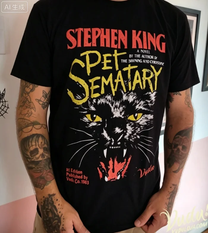 2026 Round-neck T-shirt vintage horror novel cover design fierce black cat art unisex short-sleeved T-shirt