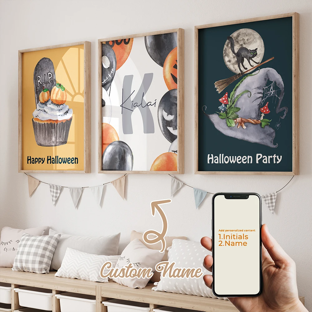 

3Pcs Personalized Custom Name Witch Hat Wall Art Printmaking Canvas Painting Poster Picture For Halloween Living Room Home Decor