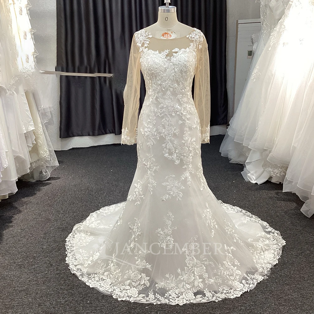 Lace Boho Wedding Dress Mermaid O Neck Bridal Gown Long Sleeve Backless Beach Wedding Gown Customized vestidos de novia boda