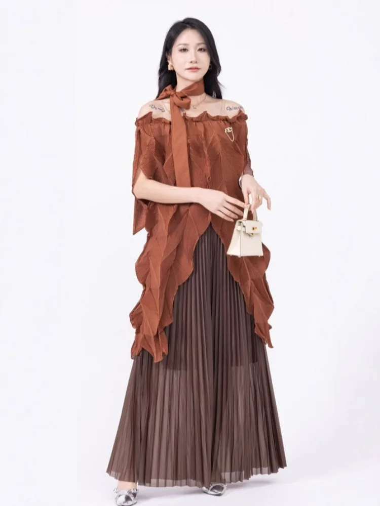 

2025 Fashion Pleated Suit Summer New Temperament Top Elegant Chiffon Short Sleeve Pleated Miyake Two-piece Set