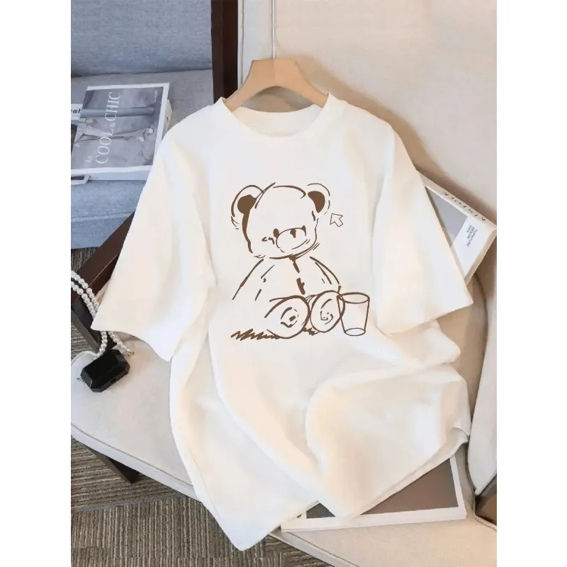 Women's Plush Bear Print Round Neck Top Fashionable Cartoon Short Sleeved Kawaii Clothing Casual and Trendy Round Neck T-shirt