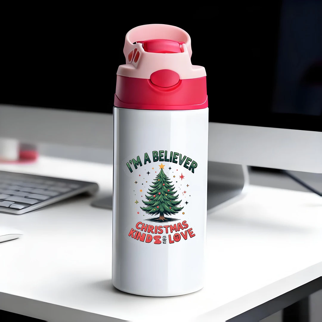 

304 stainless steel thermal cup Childrens Straw Cup IM A BELIEVER Christmasthemed cartoon stickers Unique Christmas gift decora