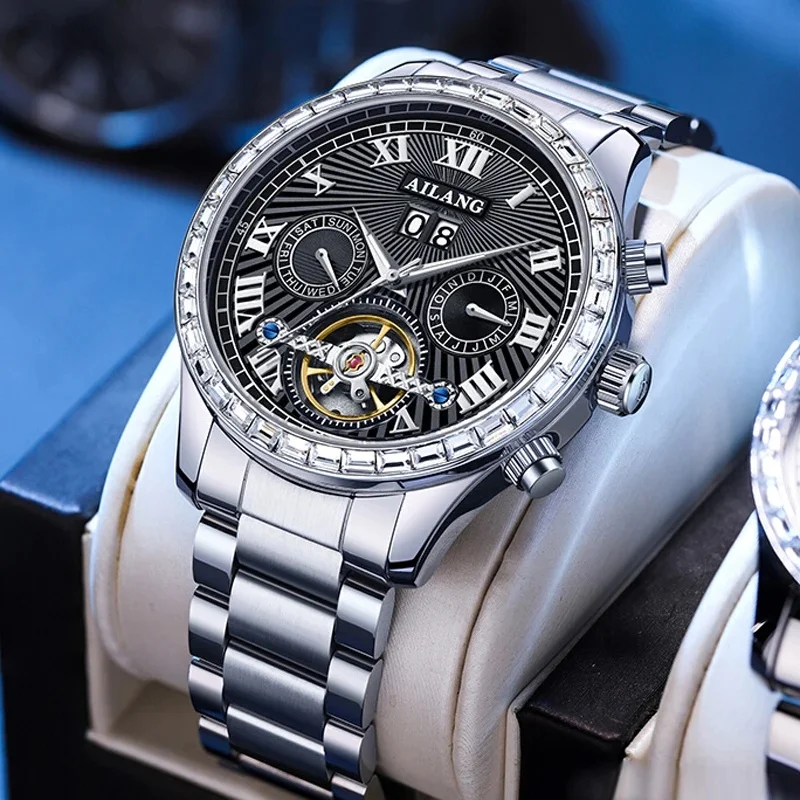 AILANG Men's Mechanical Watch Luxury Automatic Tourbillon Waterproof Stainless Steel Luminous Display with Week And Date Feature