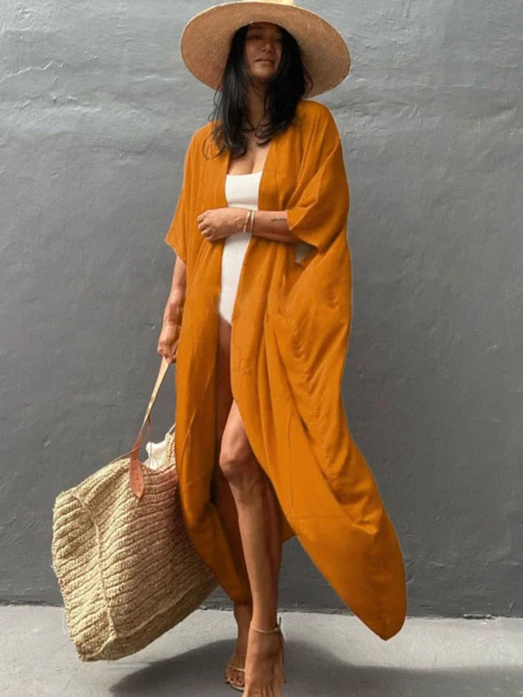 2023 Summer Beach Cover Up Kimono Women Summer New Pareo Swimsuit Cape Solid Bohemian Tunic Dresses Bathing Suits