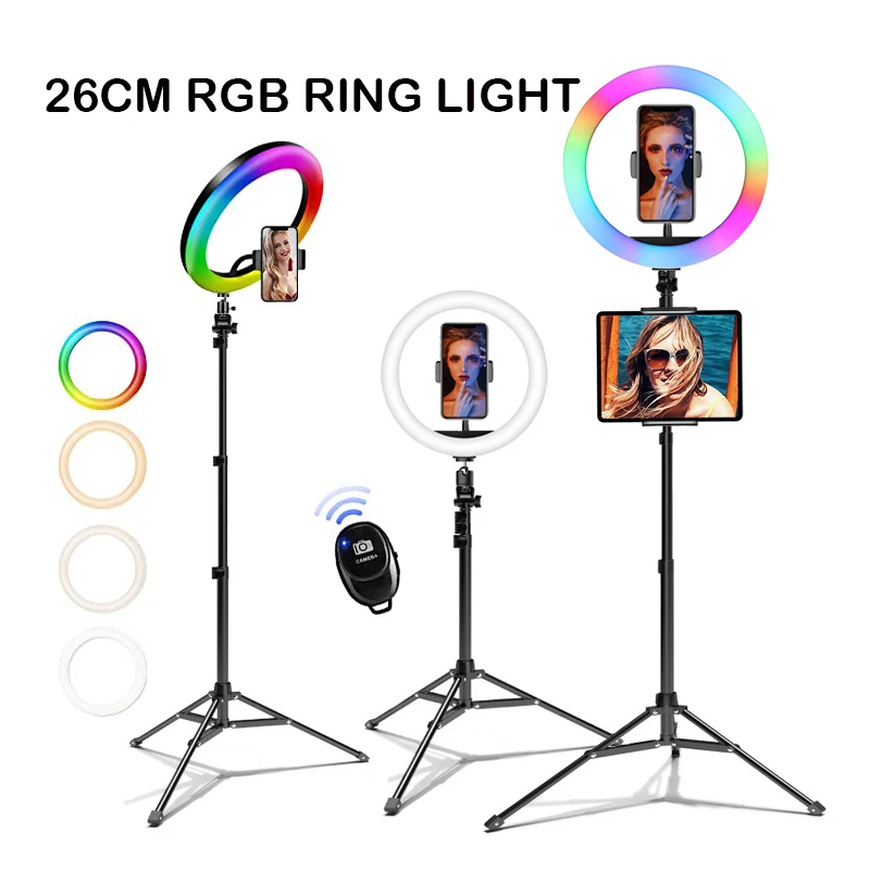 

26CM RGB Selfie Ring LED Light With Phone Tablet PC Stand Tripod Photography Studio Ring Lamps for Phone TikTok Youtube Makeup