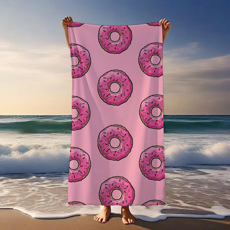 Pink Donut Beach Towel – Cute Cartoon Donut Pattern with Colorful Sprinkles, Sweet Summer Gift for Beach or Pool