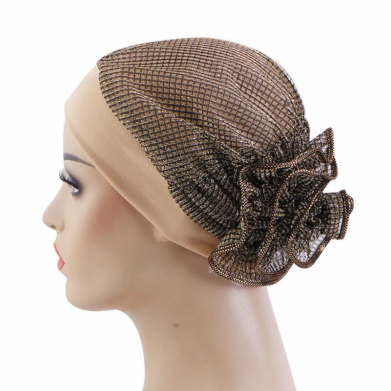 

Flower Turban Women Shiny Glitter Chemo Cap Muslim Hijab Beanies Bonnet Hat Hair Loss Head Cover Headscarf Wedding Hats Caps