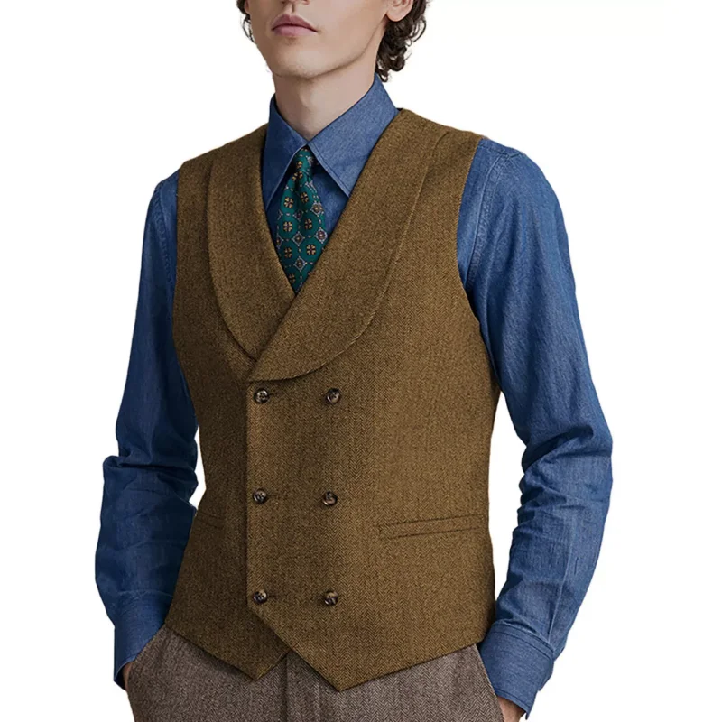 

Men Vest Brown Herringbone Shawl lapel Waistcoats Double-breasted Tweed Waistcoat For Wedding Banquet Work Men Suit Vest