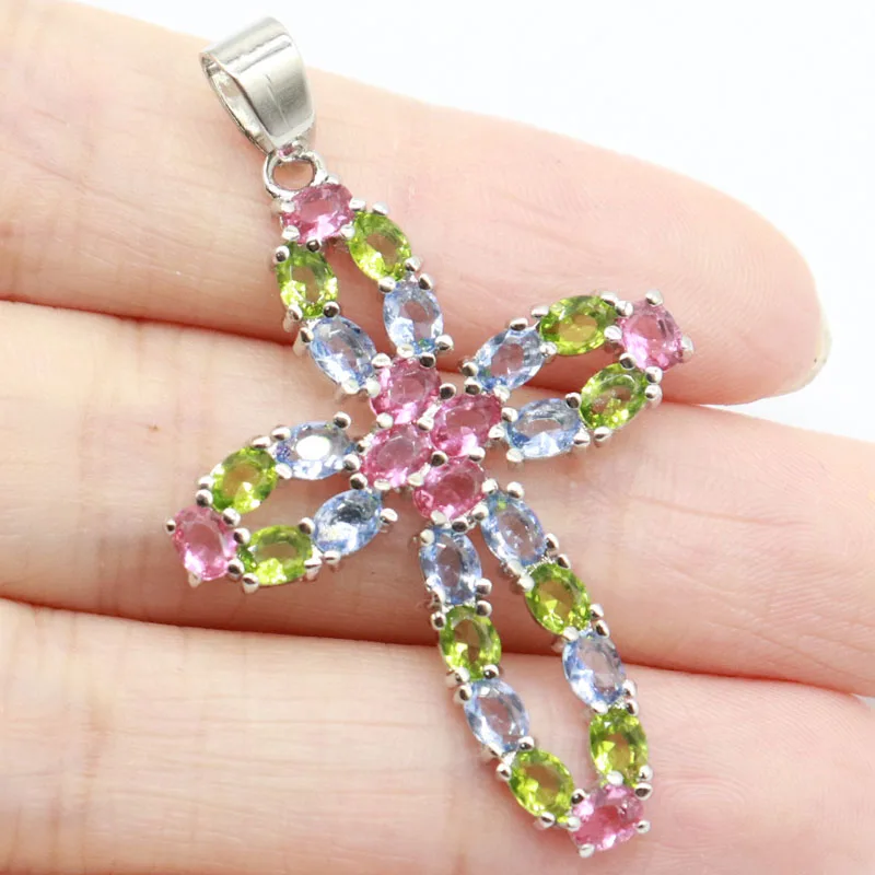 

47x30mm Multi Color Long Cross Blue Violet Tanzanite Iolite White Sapphire Peridot Kunzite Tourmaline White CZ Silver Pendant