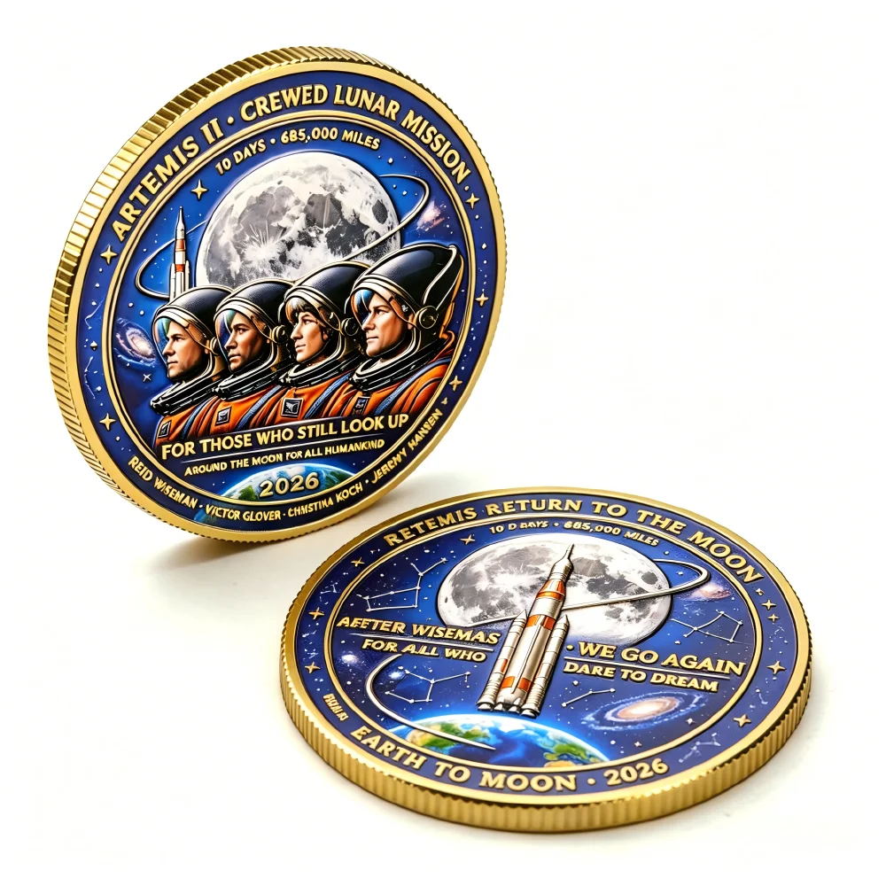 2Pcs 2026 Hot Sale US Moon Landing Coin Artemis Program Medal Gold Silver Plated Metal Craft Collectible Gift Space Theme