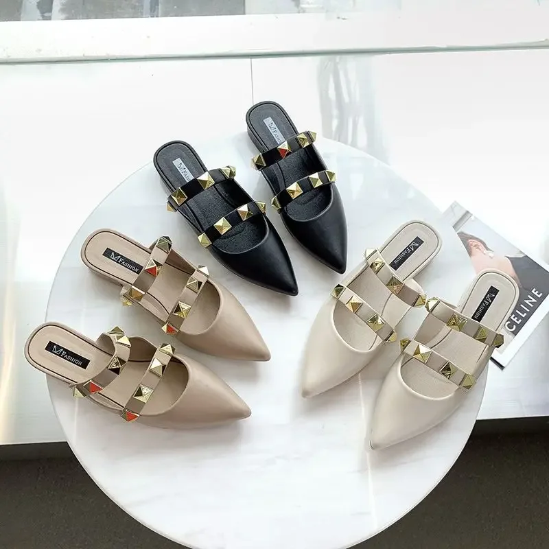 Shoes for Women Leather Outside Rivet Flat Sandals Off White Slides Woman Slippers Pointed Toe Mules Clappers New Collection Vip