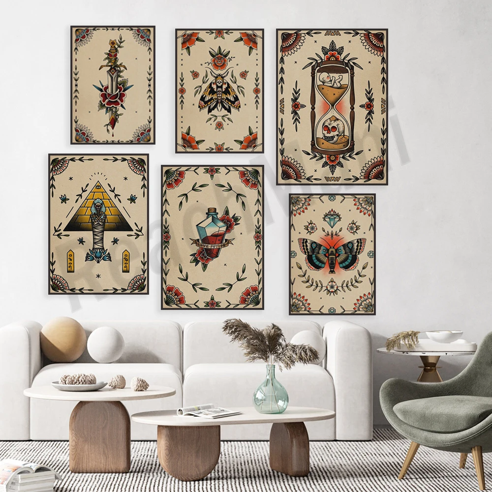 Tattoo posters, heart shapes, moth tattoos, roses, Egyptian tattoos, butterflies, tattoo designs, tattoo studio decorations