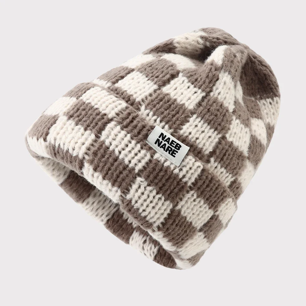 2023 New Checkered Beanies for Women Korean Style Big Head Thickened Warm Cover Plaid Knitted Ski Beanie Hats Gorras Para Mujer