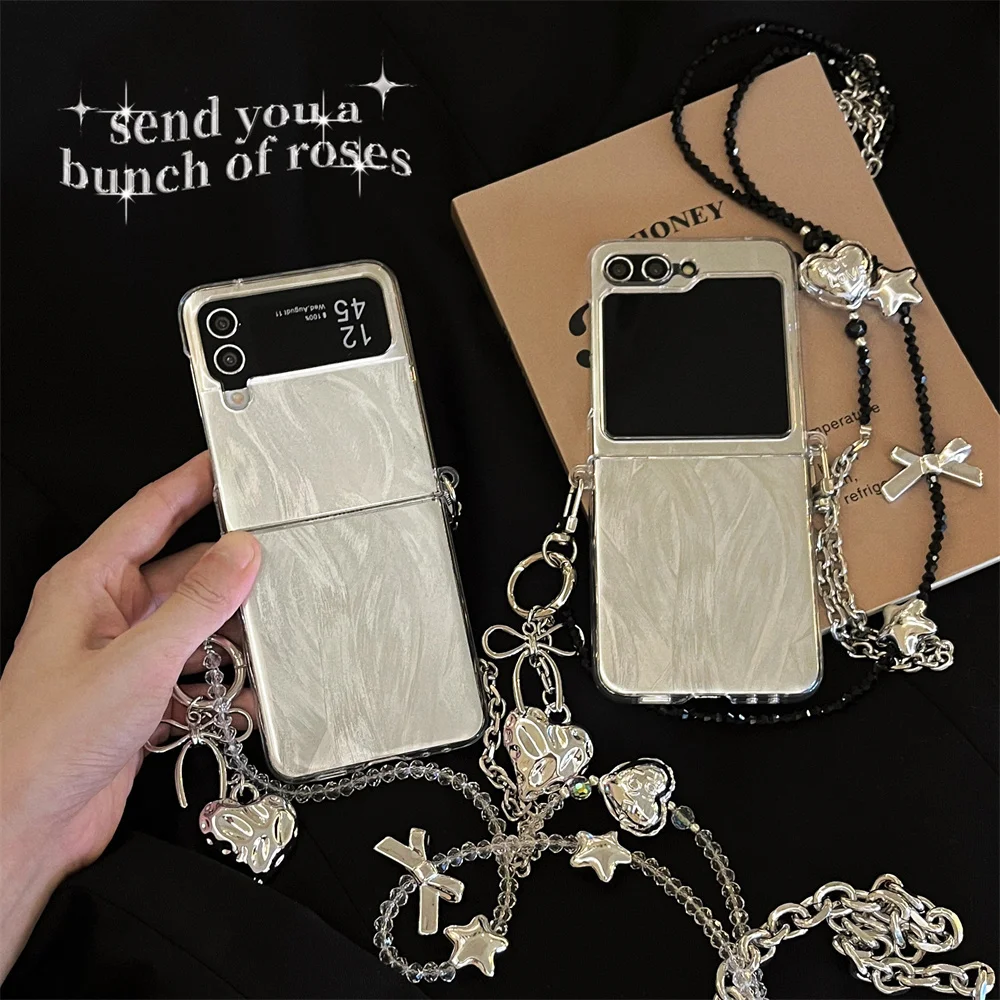 Cute Love Heart Crossbody Feather Case for Samsung Galaxy Z Flip 6 5 4 3 flip6 Bowknot Necklace Hard Shockproof Ins Korean Cover