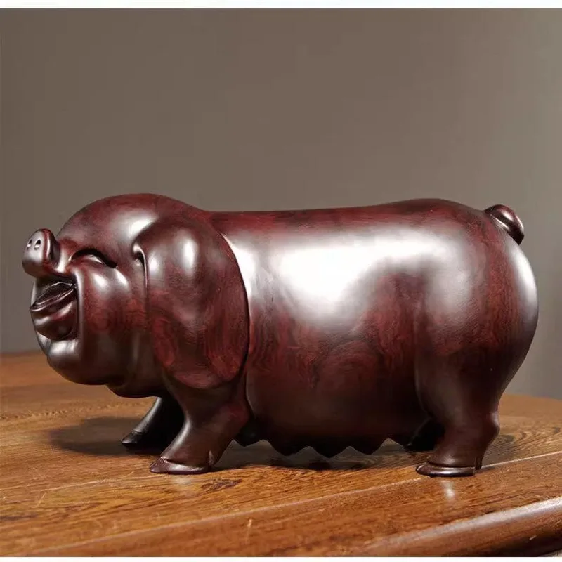 Carved Pair of Couple Pigs Statue Ebony Rosewood Solid Wood Chinese Zodiac Pig Fengshui Lucky Wealth Home Living Room Decor Gift
