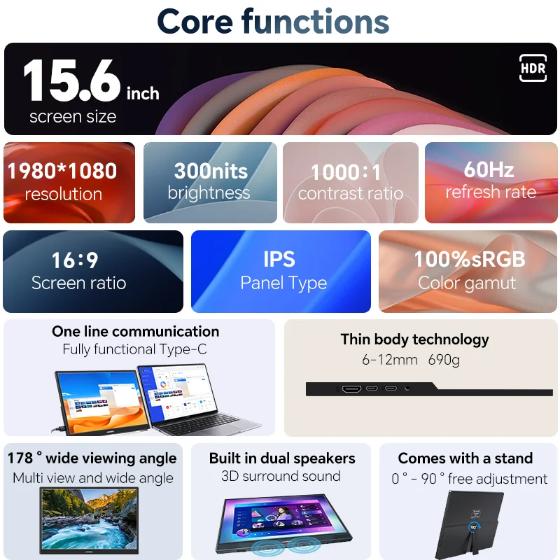 JOHNWILL-15.6インチポータブルモニター,1080p,hdr,16:9,xbox,低青色光,ps4,5,スイッチ,電話,pc,loptop拡張機能