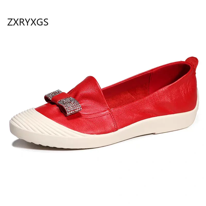 

ZXRYXGS Top Layer Cowhide Women's Vulcanized Shoes Flat 2025 New Rhinestone Bow Fashion Casual Shoes Shallow Mouth Low Top Shoe