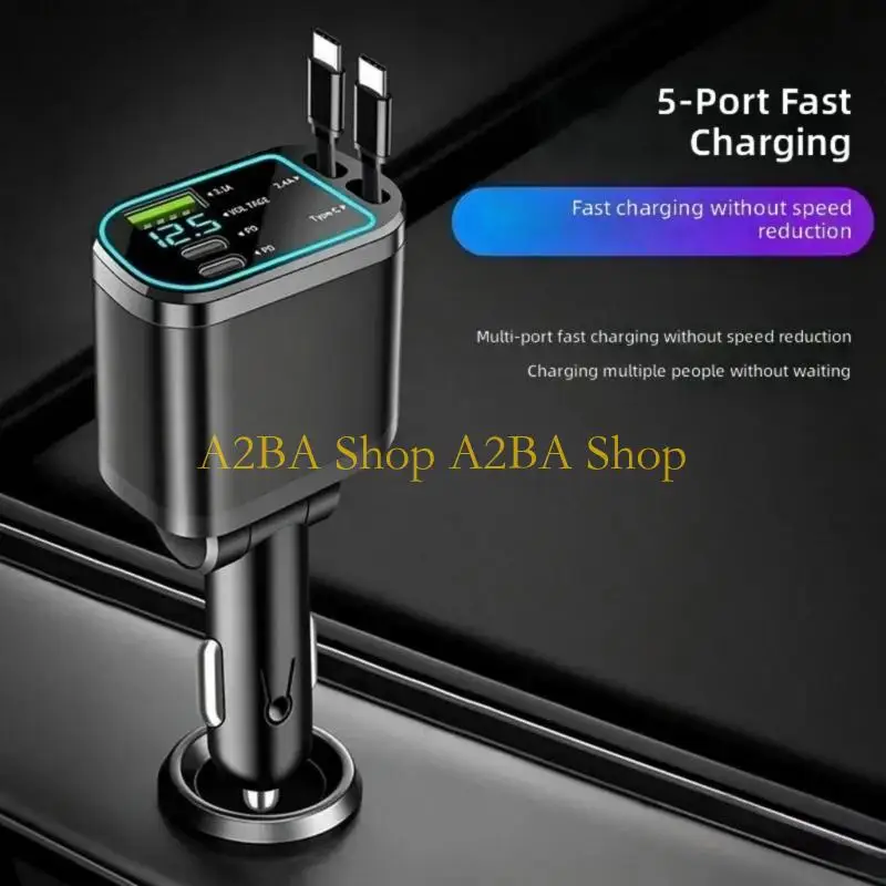 A2BA Triple Port 66W Fast Car Chargers Auto Detect Technology Retractable Charging Cord For Phones Tablets Laptops