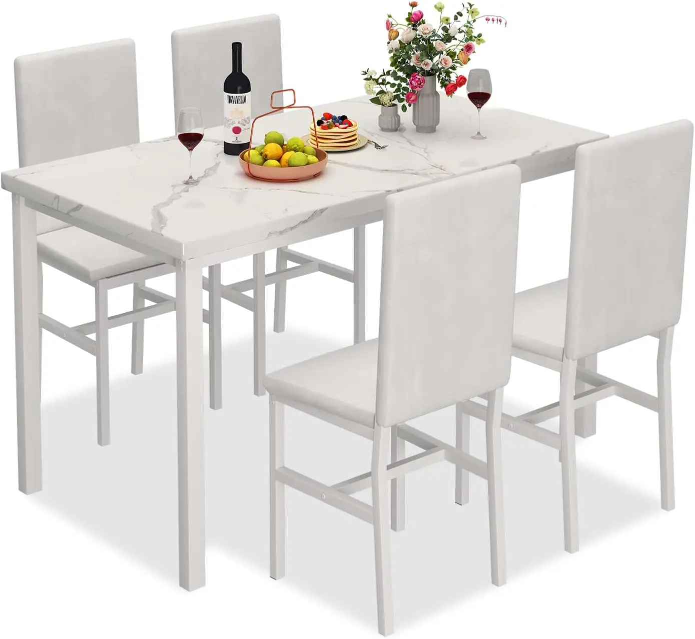 Dining Table Set for 4, 5-Piece Marble DiningTableSet with 4 Faux Leather Metal Frame Chairs for Kitchen, Bar, Living Room