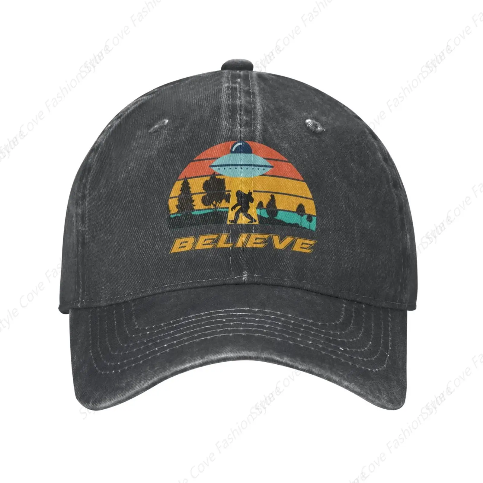 

Fashion Dad Hats Sasquatch And UFO Alien Believe Bigfoot Baseball Cap For Men Women Washed Denim Hat Unisex Adult Hat