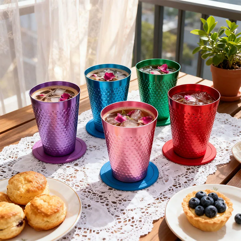 Colorful 430ml Hammered Aluminum Cups Set of 5 — Lightweight Durable Metallic Drink Tumblers for Home, Parties, Camping & Gifts