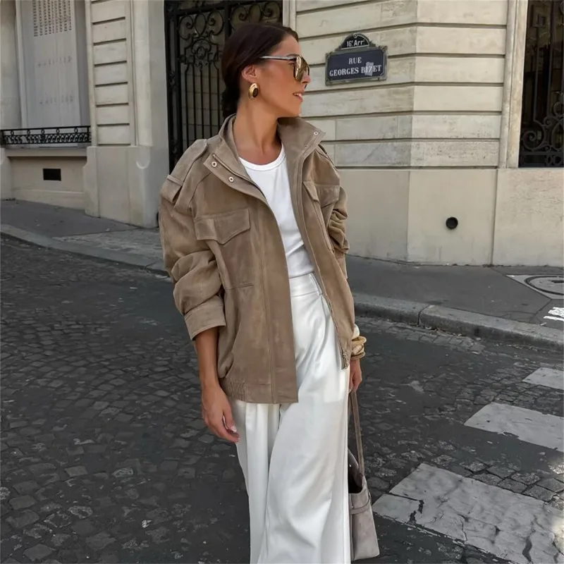 Womens Solid Color Stand Collar Faux Leather Jacket Loose Fit Casual Fashion Fall 2026 New Versatile Streetwear Trendy Chic Coat