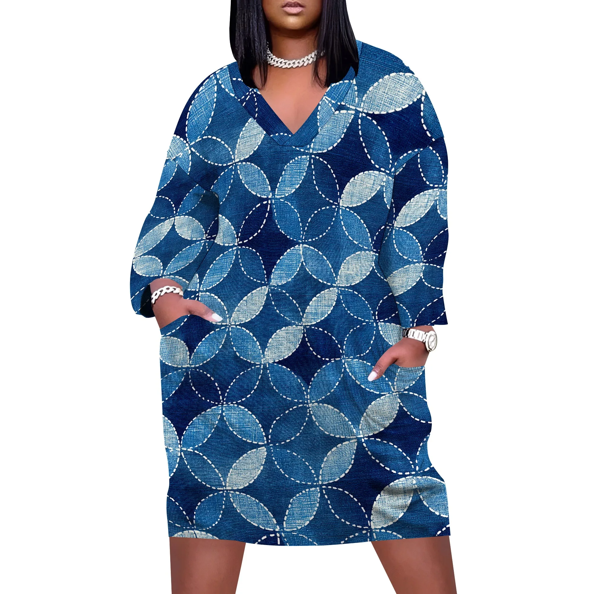 Plus Size Women's Floral Circle Print Dress XL-6XL, Elegant V-Neck Dress for Casual Summer Outings, Stylish Weekend Look