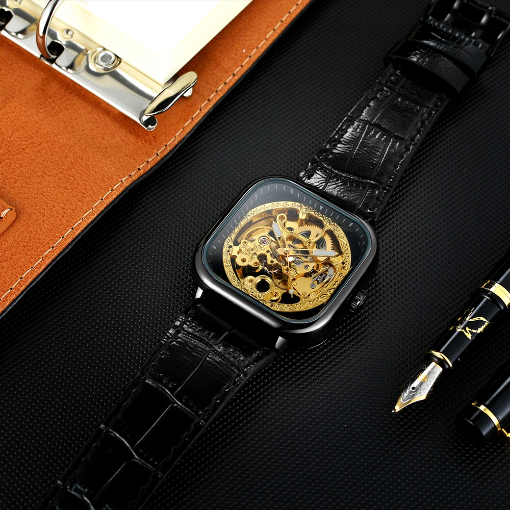 Forsining gravado caso quadrado relógios masculinos esqueleto automático mecânico luminoso mãos preto pulseira de couro genuíno homem relógio