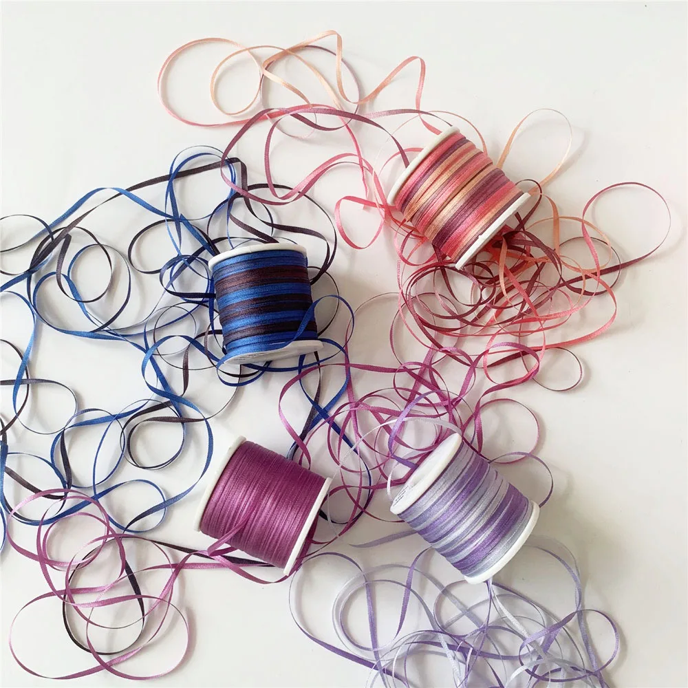 2mmX20mts Variegated 100% Pure Silk Embroidery Ribbon Thin Taffeta High Quality Silk Ribbon Handcraft