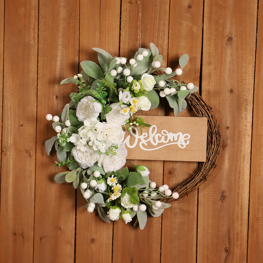 YeeNanee Spring Artificial Sunflower Wreath for Front Door Green Eucalyptus Wreaths with Welcome Sign Wall Window Outdoor Decor