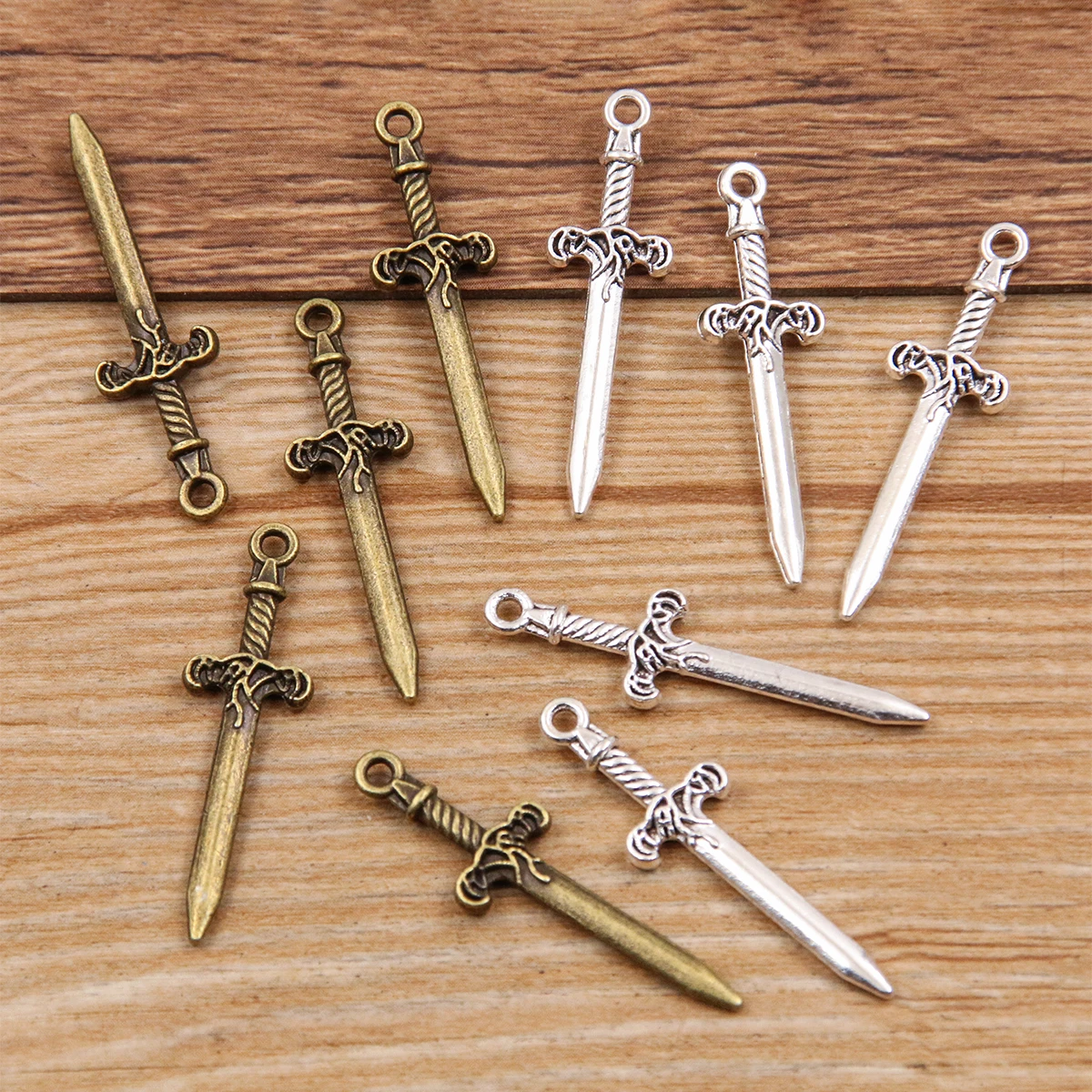 30PCS 9*34mm Metal Alloy 2 Color Small Simulation Sword Charms Pendants For Jewelry Making DIY Handmade Craft