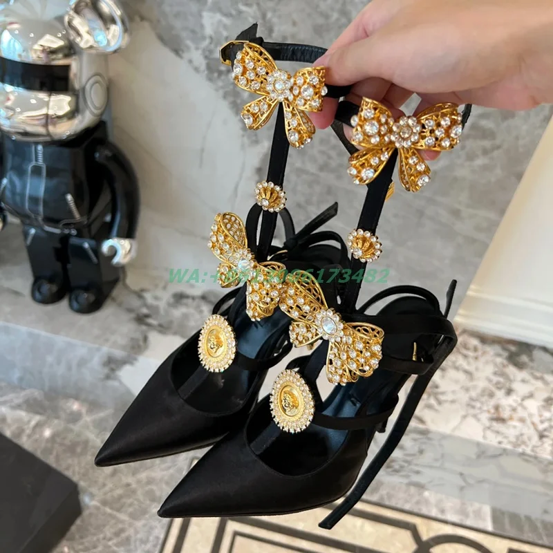 sexy lady design brand 10CM heel pointed toe gold metal bow beading dress shoes women black satin T strap diamonds high heels
