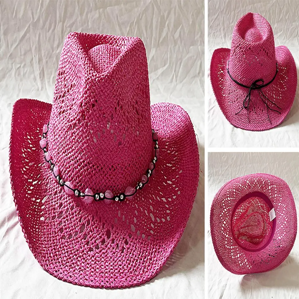 Summer Straw Hat Hollow Out Foldable Adjustable Bead Decor Curled Edge Windproof Strap Western Cowboy Style Bucket Hat
