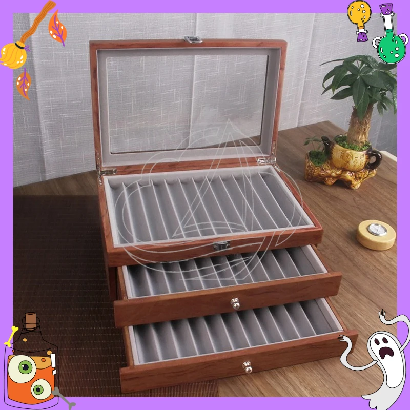 3-Layer Wood Pen Display Box, 34 Slots Collector Storage Case with Glass Cover for Fountain Pens