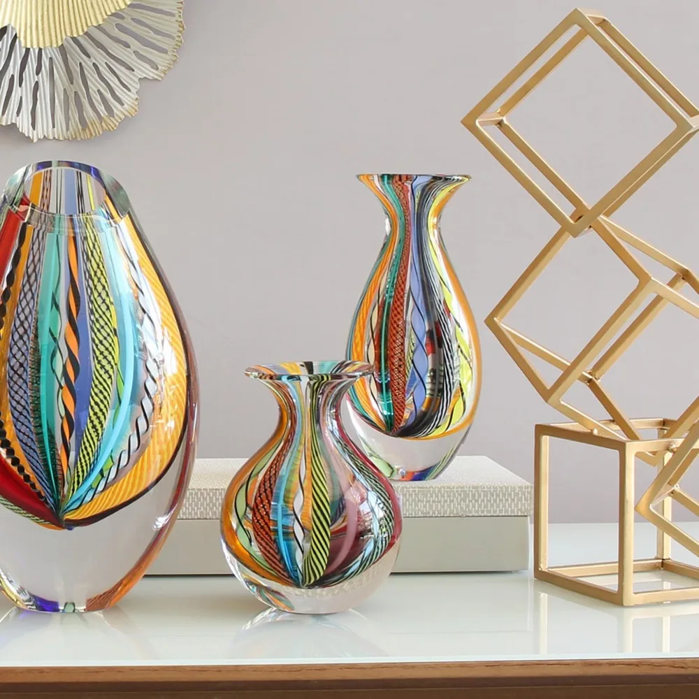 مزهرية زجاجية بوهيمية مصنوعة يدويًا مع زجاج فني ملون مستوحى من مورانو، موديل 2