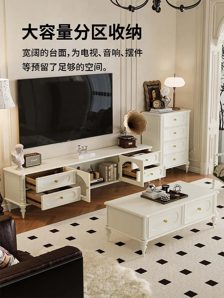 

French cream wind solid wood TV cabinet living room coffee table combination small apartment storage locker