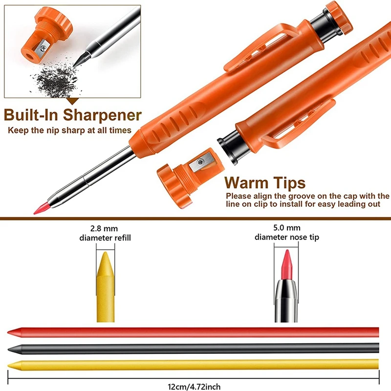 2 Pack Solid Carpenter Pencils , Scribe Tool With Built-In Sharpener For Construction Woodworking Architect